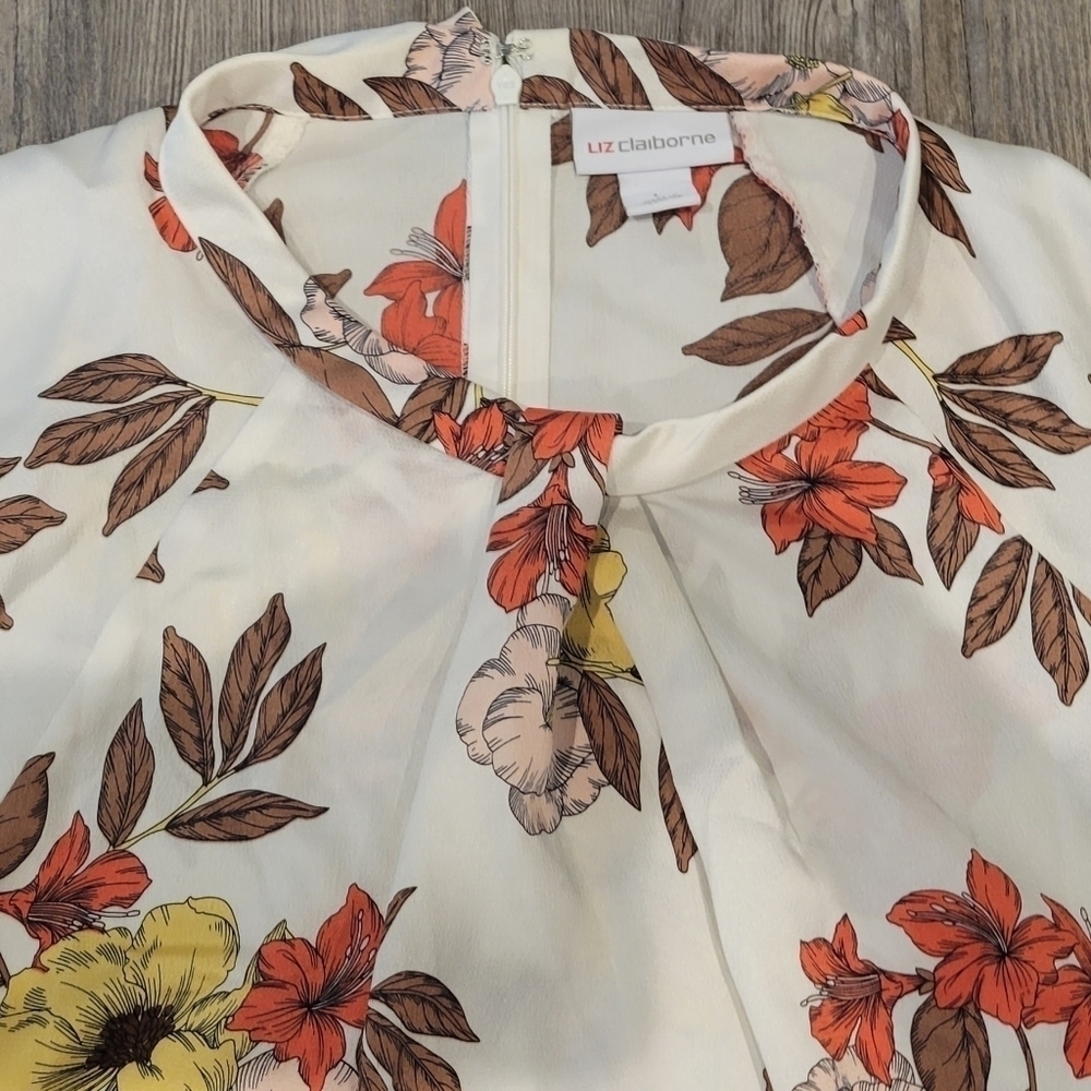 Liz Claiborne Women's Blouse, Size L, White/Orange/Yellow Floral - Picture 4 of 6